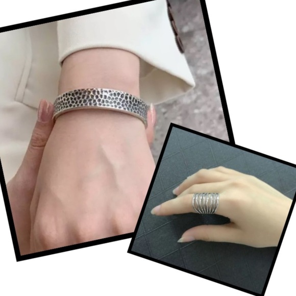 Sterling Silver Embossed Bangle Bracelet Matching Ring Set - Picture 1 of 12